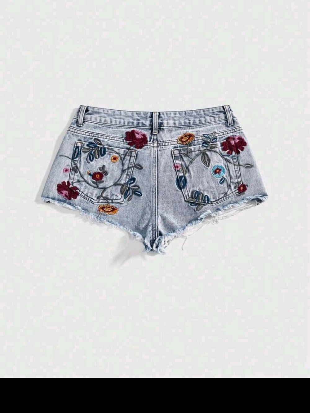 Embroidered Light Wash Denim Shorts - Floral Detail